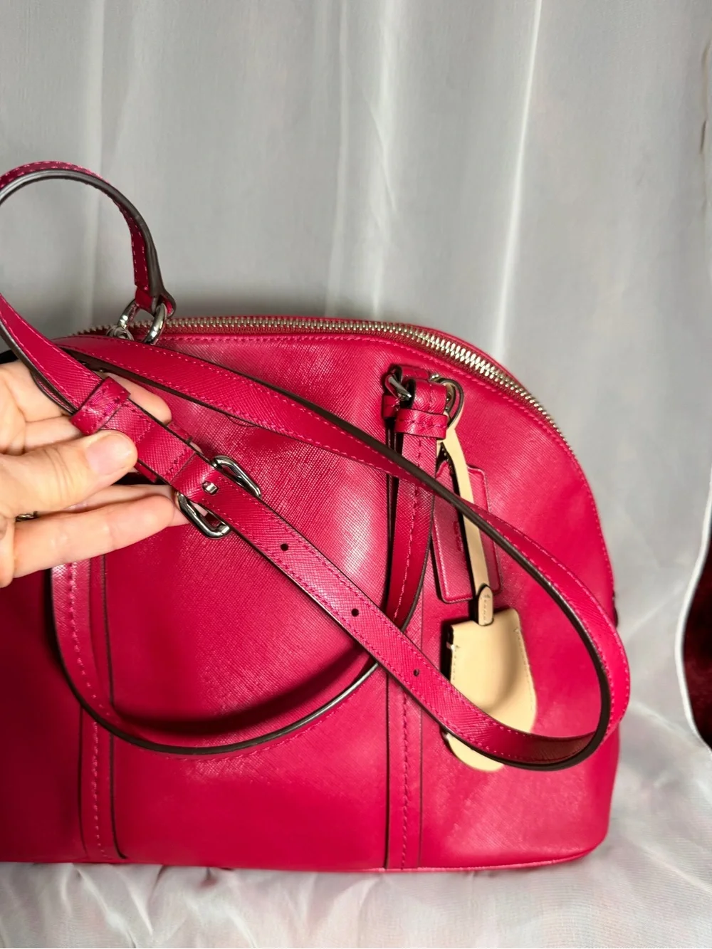 Coach Hot Pink Saffiano Leather Dome Satchel with Yellow Tag